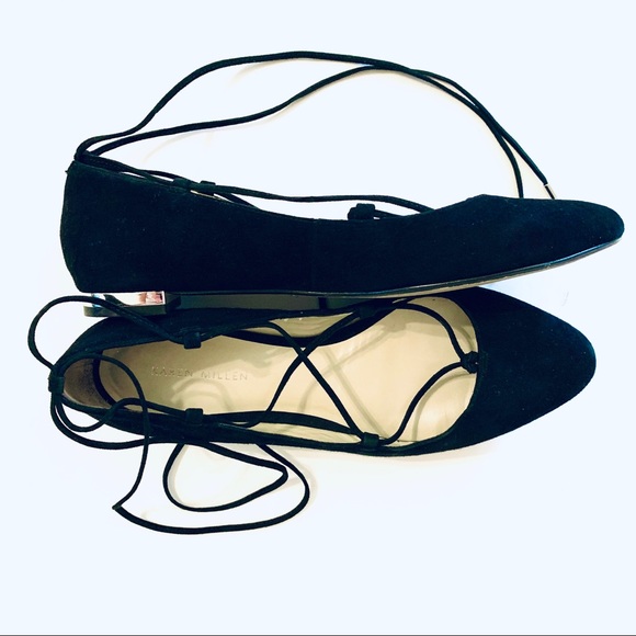 Karen Millen Lace Up Black Suede Flats 10 - Picture 4 of 8